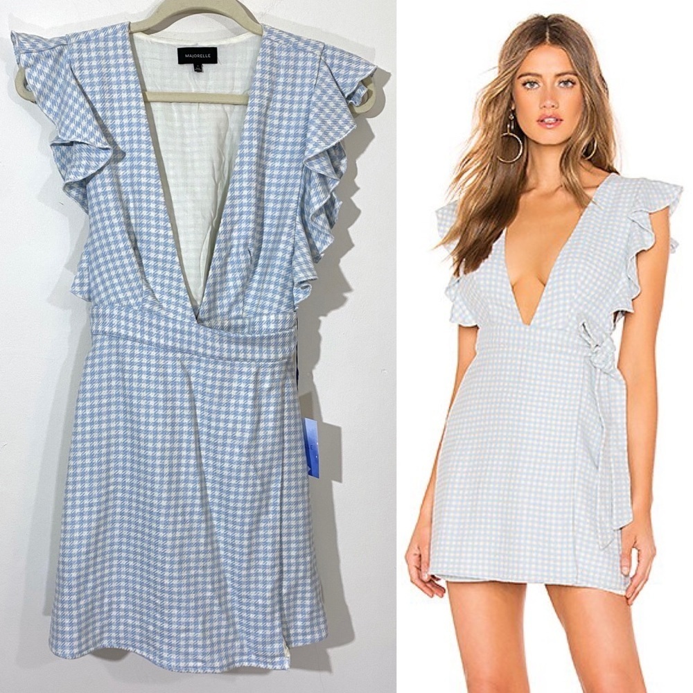 New Majorelle Teddy Wrap Dress In Baby Blue Check Xs